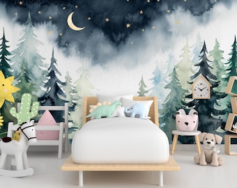 Magische nacht bosbehang aquarel bos muurschildering met maansterren enchanted forest muurkunst voor kinderkamer, slaapkamer of woonkamer 666RS