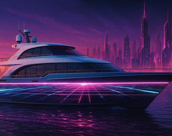Puede incluir: Ilustración de un yate futurista con un patrón de cuadrícula de neón en el casco, navegando sobre el agua. El yate es blanco y azul oscuro, con un paisaje urbano de fondo bajo un cielo púrpura y rosa. La imagen evoca lujo y tecnología.