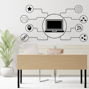 May include: A black and white illustration of a laptop computer connected to various icons, including a star, an envelope, a brain, a chain link, a globe, a network, a wifi symbol, and a share icon. The illustration is on a white wall above a wooden desk with a laptop computer and a chair.