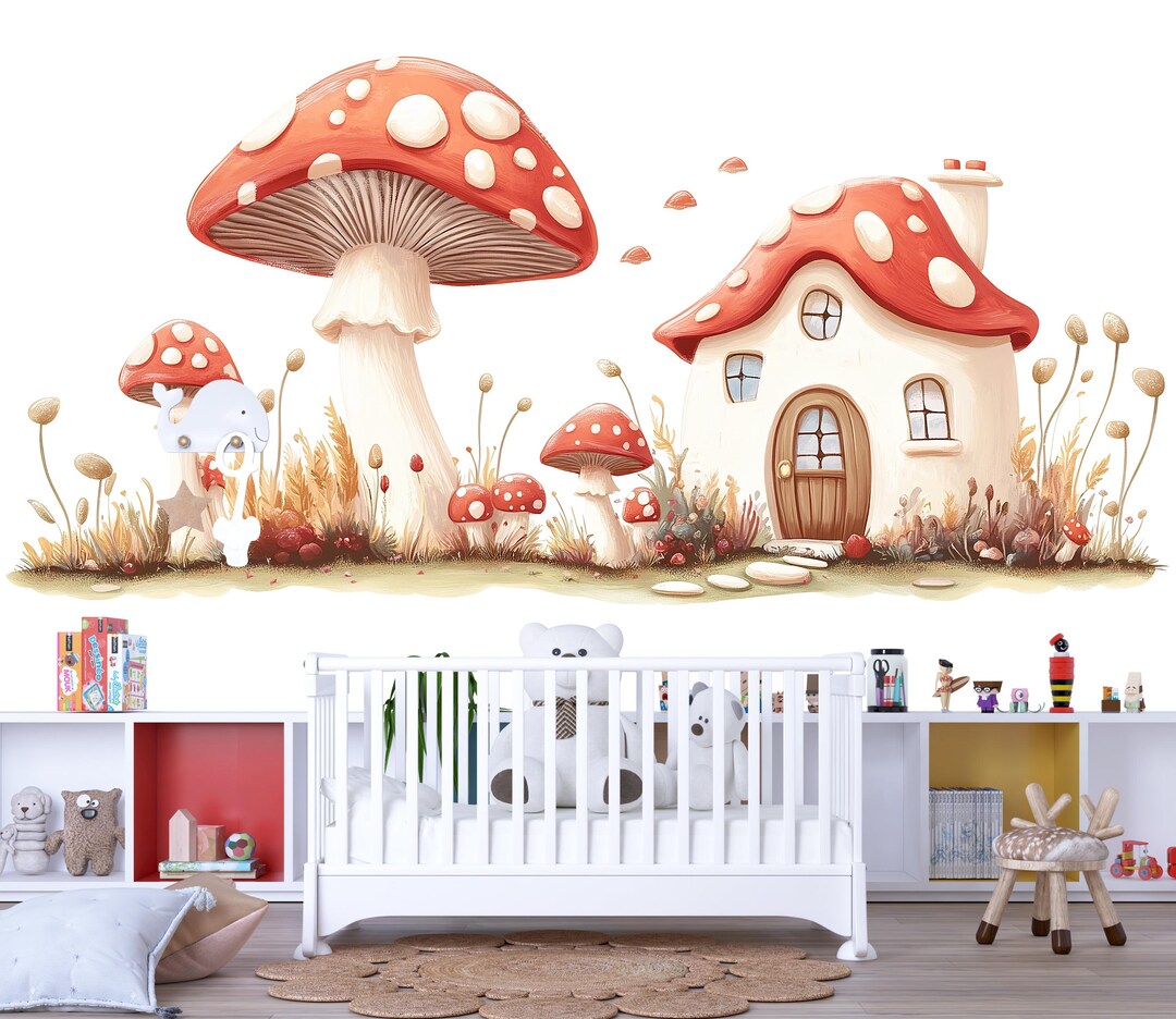 Kawaii Mushroom Village Wall Decal, Fairy Nursery Wall Sticker ...