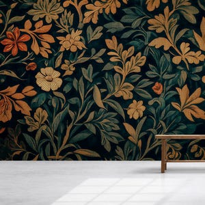 Elegant Dark Floral 3D Wallpaper – Vintage Botanical Wall Mural with Golden and Rust Blooms – Luxury Statement Wall Art for Living Room