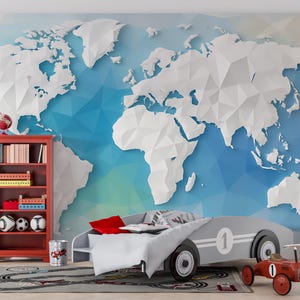 3D Polygon Weltkarte Wandbild - Blaue geometrische Tapete für Kinderzimmer oder Arbeitszimmer, moderne Erdkarte Kunst, lernfähige Wanddekoration