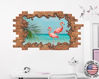 Flamingo Hole in the Decals. Window Removable Decal. Flamingo Bird Vinyl Sticker. Flamingo Wall Mural.  Flamingo Girl Bedroom Decor NT112