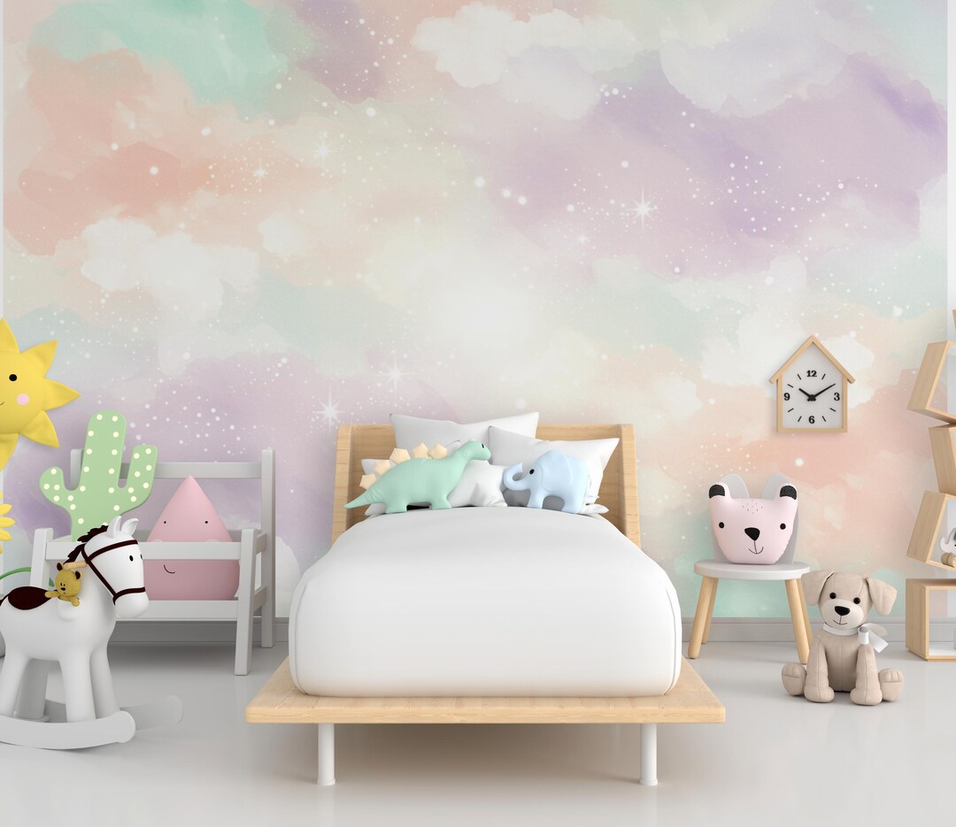 Rainbow Watercolor Cloud Wallpaper Stars Peel and Stick Girl Room ...