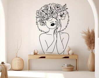 Girl Line Floral Art wall Decal, Mid Century Line Art Feminist Woman Modern Mid Century Wall Art, Line Art Wall Decor Bedroom Art 1275RS