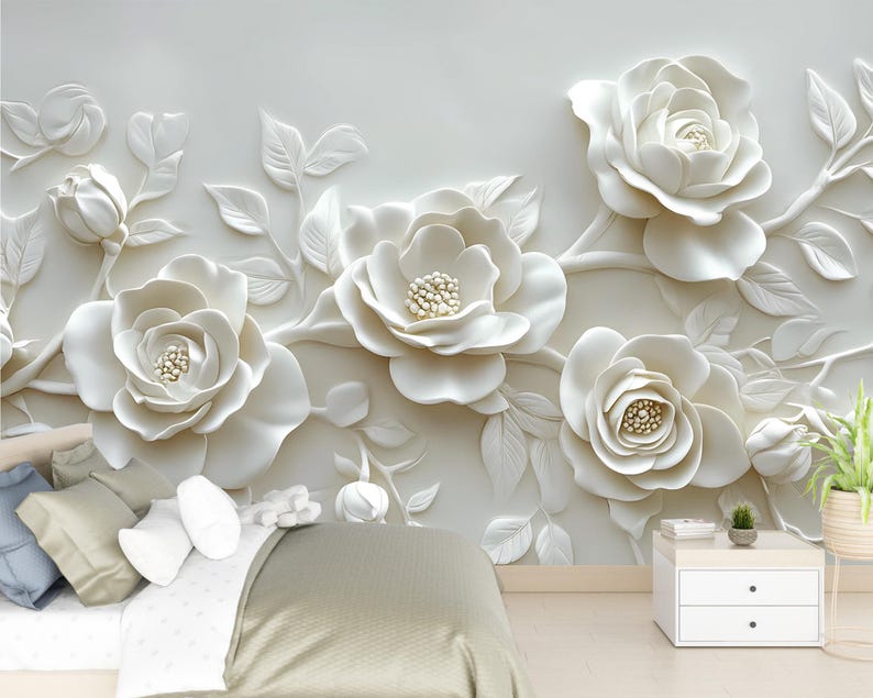 3D Visual Effect White Rose Wall Mural – Elegant Sculpted Floral ...