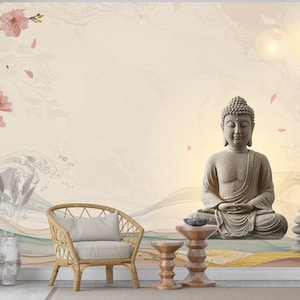 Zen Buddha Spa Wall Mural – Minimalist Meditation Wallpaper with Cherry Blossoms Watercolor Waves – Calm Neutral Wellness Decor Mural 698RS