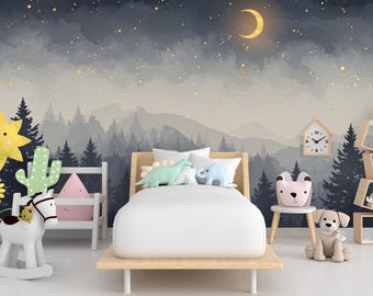 Behang Sterrennachtbos – Luxe aquarel muurschildering maan en sterren, betoverde kinderkamer of kinderkamer muurkunst 887RS