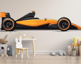 Oranje muursticker raceauto | Sticker kinderkamer raceauto | Muurschildering sportwagen met hoge snelheid | Peel & Stick-kamerdecoratie voor jongens