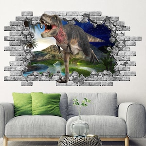 3D T-Rex Dinosaur Hole in the Decals. Jurassic World Vinyl Sticker Murals. Dino Window Removable Decals. Dinosaur Nature Bedroom Decor NT17