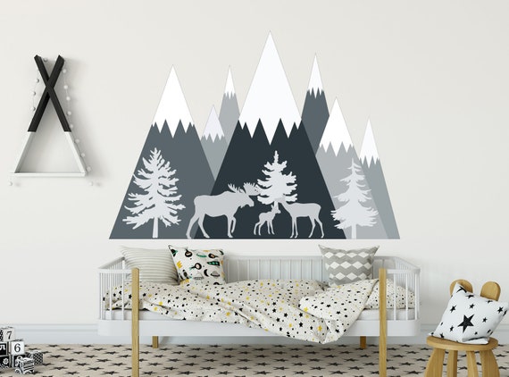 Mountain Wall Decal Baby Boy Nursery. Moose Family Wall Decal. - Etsy