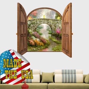 Window Frame with Fairy View Wall Decal Baby Girl Nursery, 3D Window View Mural, Nature Landscape Vinyl Sticker, River Wall Decal Kids