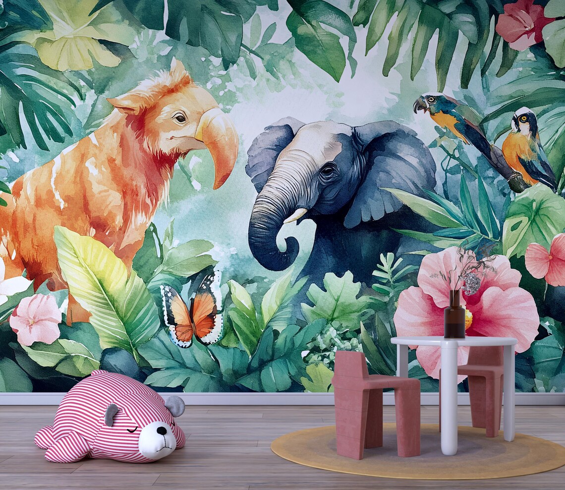 Jungle Safari Kids Wall Mural – Peel and Stick Elephant & Parrot ...