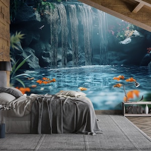 3D Waterfall Koi Pond Bedroom Mural - Tranquil Nature Wall Art - Modern Home Decor for Relaxation - Stylish Gift for Birthday or Holidays