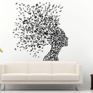 Frau schöne Mädchen ausgefertigt von Noten Kopf Musik Notes Haar Stil Wall Decal Vinyl Aufkleber Wandbild Room Decor L722