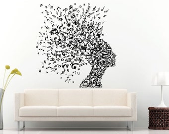 Beautiful Girl Woman Made Out Of Musical Notes Head Music Notes Hair Style Wall Decal Vinyl Sticker Mural Room Decor L722
