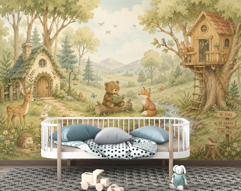 Woodland Nursery Wallpaper Peel and Stick, Forest Animal Wall Mural ...
