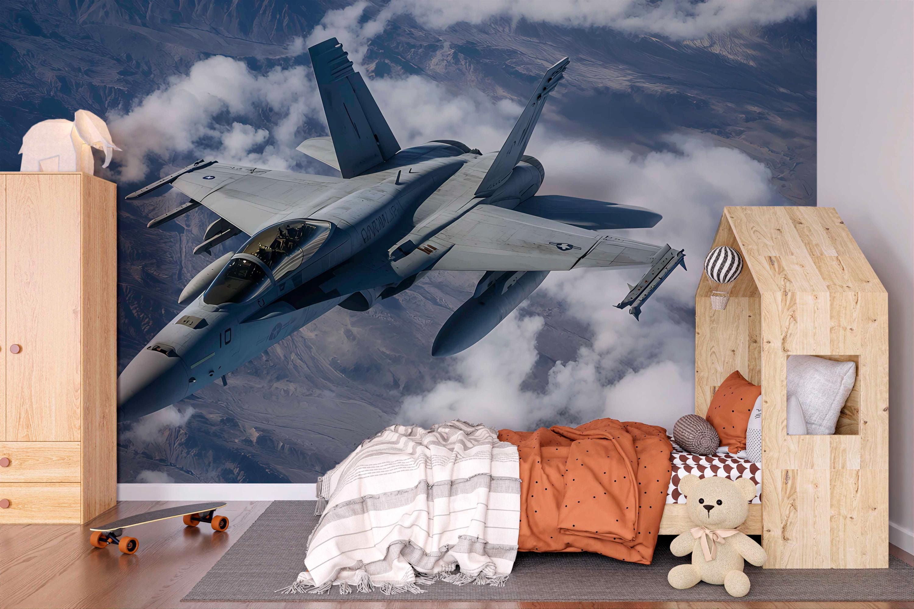 戦闘機の壁画 – 山の上を飛ぶ軍用機 – 男の子の部屋のための航空装飾