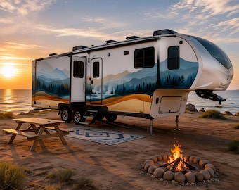 May include: A white fifth-wheel travel trailer featuring a graphic wrap of blue mountains, dark green pine forests, and golden rolling hills. The trailer has a side entry door, black-framed windows, and is parked near a wooden picnic table and a stone fire pit.