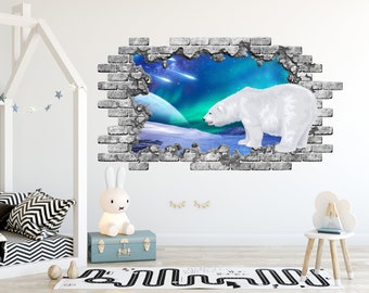 Polar Bear Hole in the Decals. Aurora Borealis Vinyl Sticker Murals. White Bear Nursery Removable Decals. Northern Lights Bedroom Decor NT12