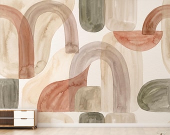 Abstract Watercolor Wallpaper | Neutral Geometric Wall Mural | Boho Japandi Wallpaper | Modern Minimalist Peel and Stick Decor