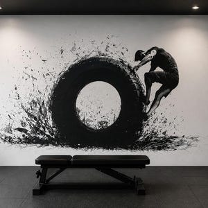 May include: A black and white gym interior with a mural of a person climbing a tire. The room features weight racks, dumbbells, and a bench. The mural is the focal point, depicting dynamic movement.