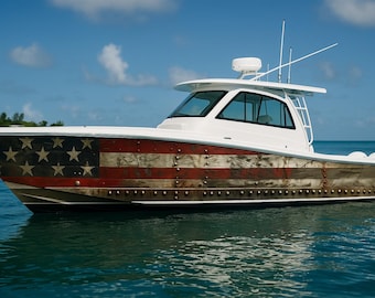 Patriotic American Flag Boat Wrap – Distressed Wood USA Vinyl | Marine-Grade Wrap for Yachts, Fishing Boats & Offshore Cruisers