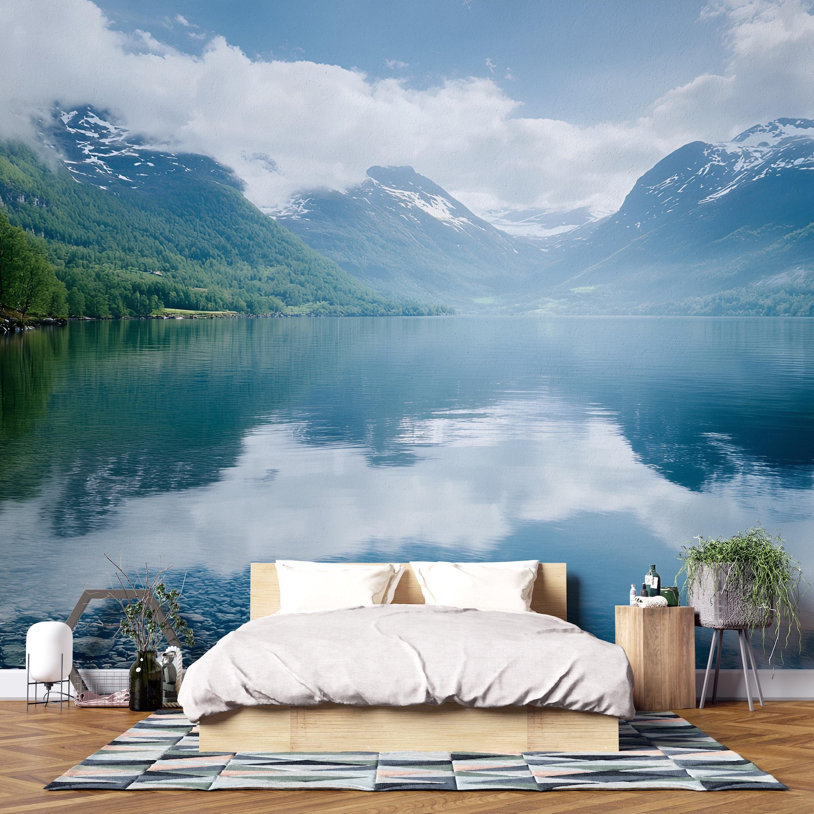 Scenic Mountain Lake Wall Mural – Serene Landscape Wallpaper, Peel and ...
