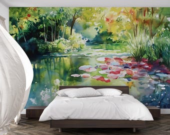 May include: Watercolor mural of a serene pond scene with lily pads and lush greenery. The artwork features a vibrant color palette of greens, blues, and reds, creating a tranquil and artistic ambiance. The mural is installed above a bed with white bedding.