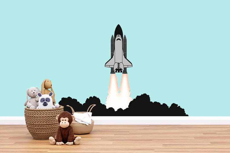 Black & White Rocket Ship Wall Decal | Space Shuttle Sticker for Kids ...