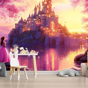 Fairytale Castle Wall Mural – Sunset Princess Wallpaper for Girls Room ...