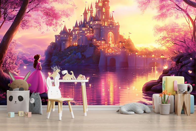 Fairytale Castle Wall Mural – Sunset Princess Wallpaper for Girls Room ...