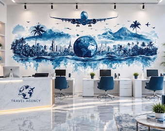 Travel Agency Wall Decal, Airplane World Map Wall Art, Travel Office Decor, Vacation Planner Wall Mural, Tourism Agency Decor