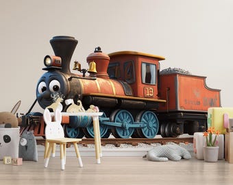 Cute Vintage Train Wall Decal for Kids | Smiling Train Nursery Wall Sticker | Large Peel & Stick Removable Train Mural for Boys Bedroom