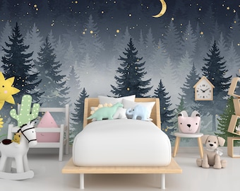 Behang Dreamy Night Forest – Aquarel groenblijvende muurschildering met maan en sterren – Calm Snowy Woodland Wall Art voor babykamer 819RS