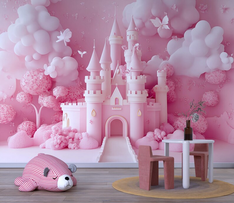 3D Pink Castle Wall Mural – Fantasy Nursery Wallpaper for Girls Room ...