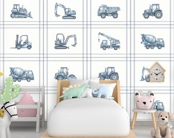 Truck Construction Watercolor Wall Mural, Construction Truck wallpaper, Nursery Wall Decor, Kids Room Decal, Boys Room Wallpaper 1272RS