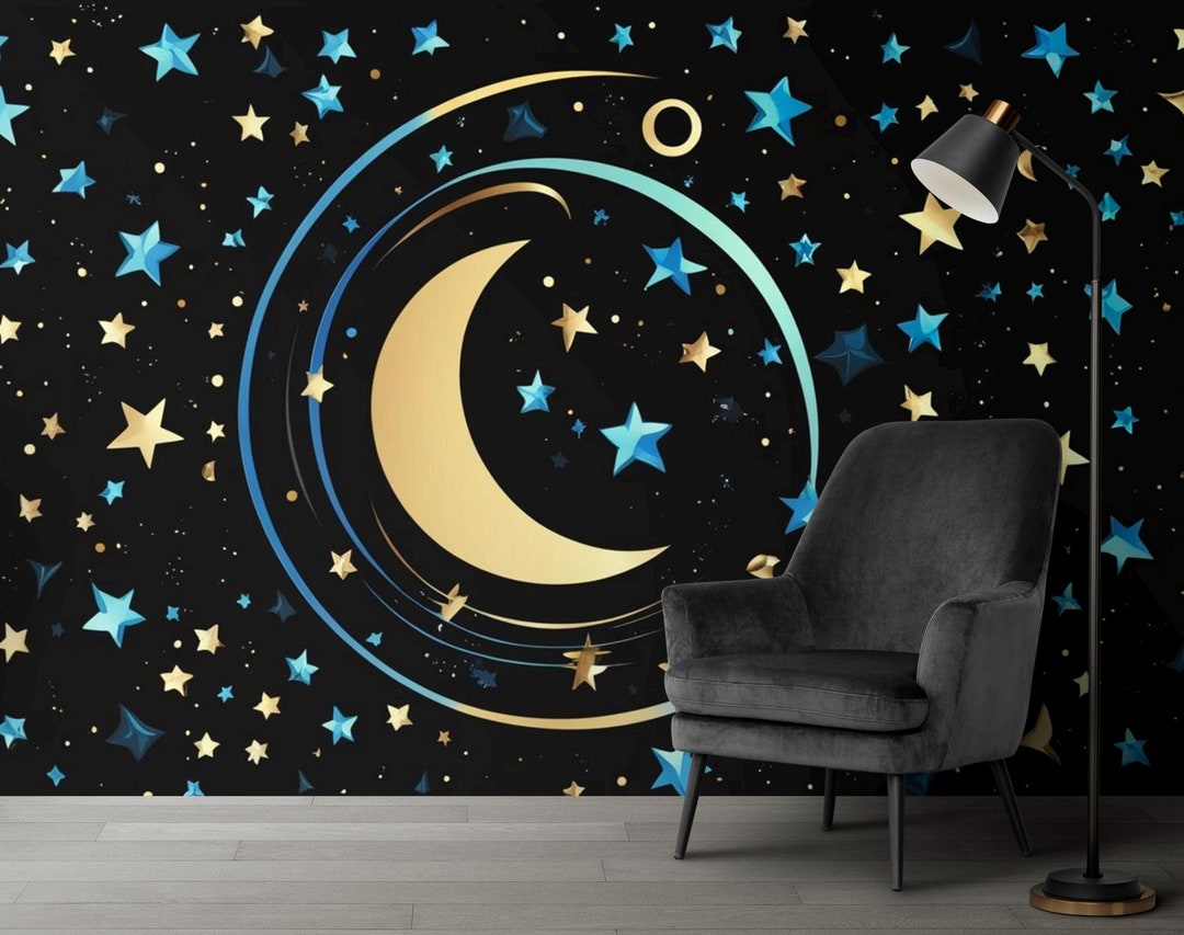 Peel & Stick Starry Night Sky Wallpaper – Crescent Moon and Stars ...