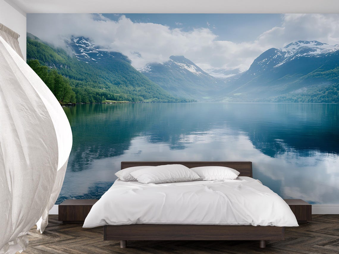 Scenic Mountain Lake Wall Mural – Serene Landscape Wallpaper, Peel and ...