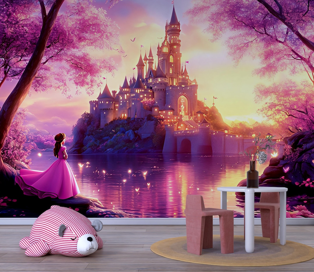 Fairytale Castle Wall Mural – Sunset Princess Wallpaper for Girls Room ...
