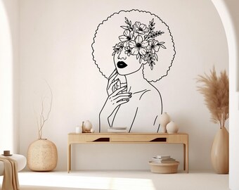 Girl Line Floral Art wall Decal, Mid Century Line Art Feminist Woman Modern Mid Century Wall Art, Line Art Wall Decor Bedroom Art 1276RS