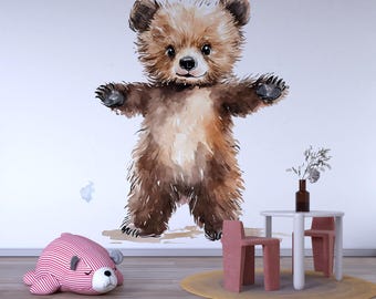 Stehender Baby Bär Wandtattoo Aquarell Aufkleber | Niedliches Waldtier Wandbild für Kinderzimmer | Peel & Stick Abnehmbarer Kindergarten
