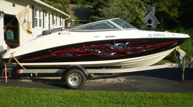 Skulls Bones Boat Vinyl Sticker, Pirate Boat Wrap, Full Color Cigar Boat Graphics Vinyl Decal, Skulls Racing Stripes Watercraft Graphics image 8