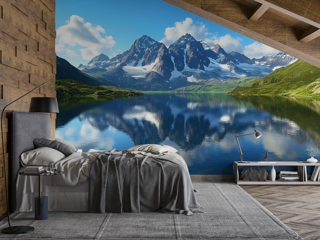 3D Mountain Lake Wallpaper Mural With Snowy Peaks and Reflections ...