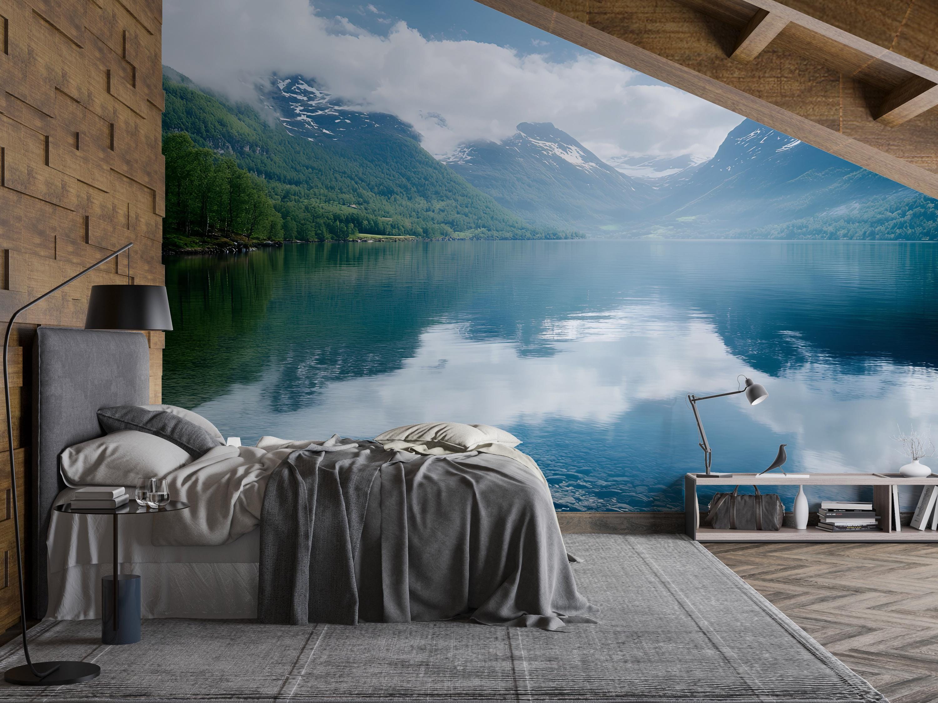 Scenic Mountain Lake Wall Mural – Serene Landscape Wallpaper, Peel and ...