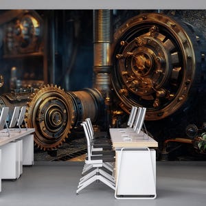 Steampunk Gear Vault väggmålning – Industriell låsmekanism tapet för kontor, studio eller spelrum – självhäftande eller non-woven