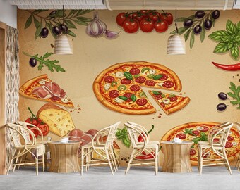 Italian Pizza Art Mural | Restaurant Food Peel & Stick Wallpaper