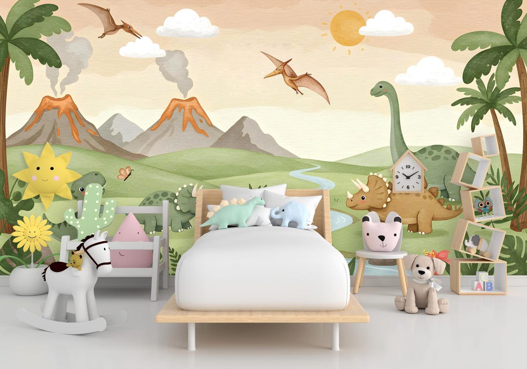 Dinosaur Wall Decal | Watercolor Dino Wallpaper | Prehistoric Wall ...