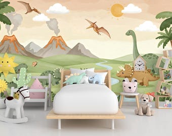 Dinosaur Wall Decal | Watercolor Dino Wallpaper | Prehistoric Wall Mural for Kids Room Nursery | T-Rex Jungle Decor 584RS