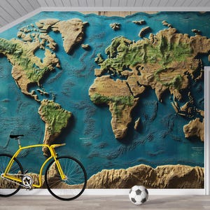 3D Weltkarte Wandbild für Büro oder Arbeitszimmer - Topografische Erdtapete, texturierte Globe Art, große Vintage Wanddeko